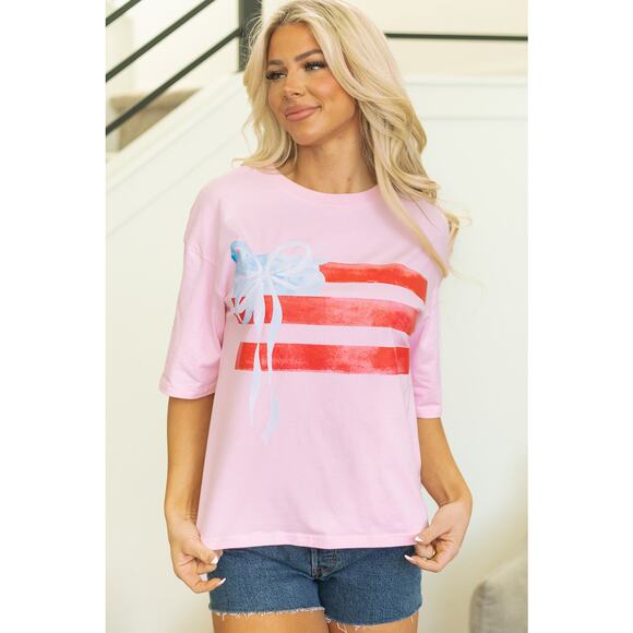 Light Pink With Blue Bow Flag Graphic Crewneck Top New S M L XL - Picture 12 of 13